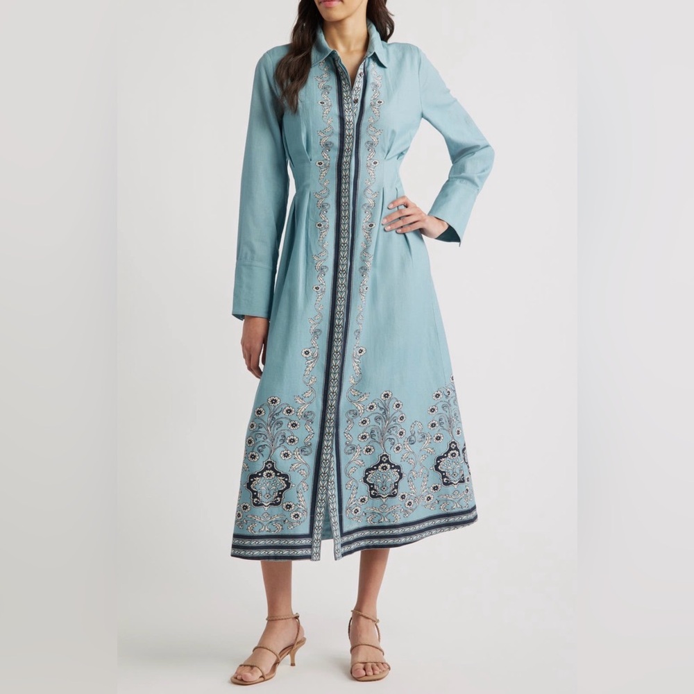 NWT!!! || Cleobella || Mirella Placed Print Cotton & Linen Shirt Dress